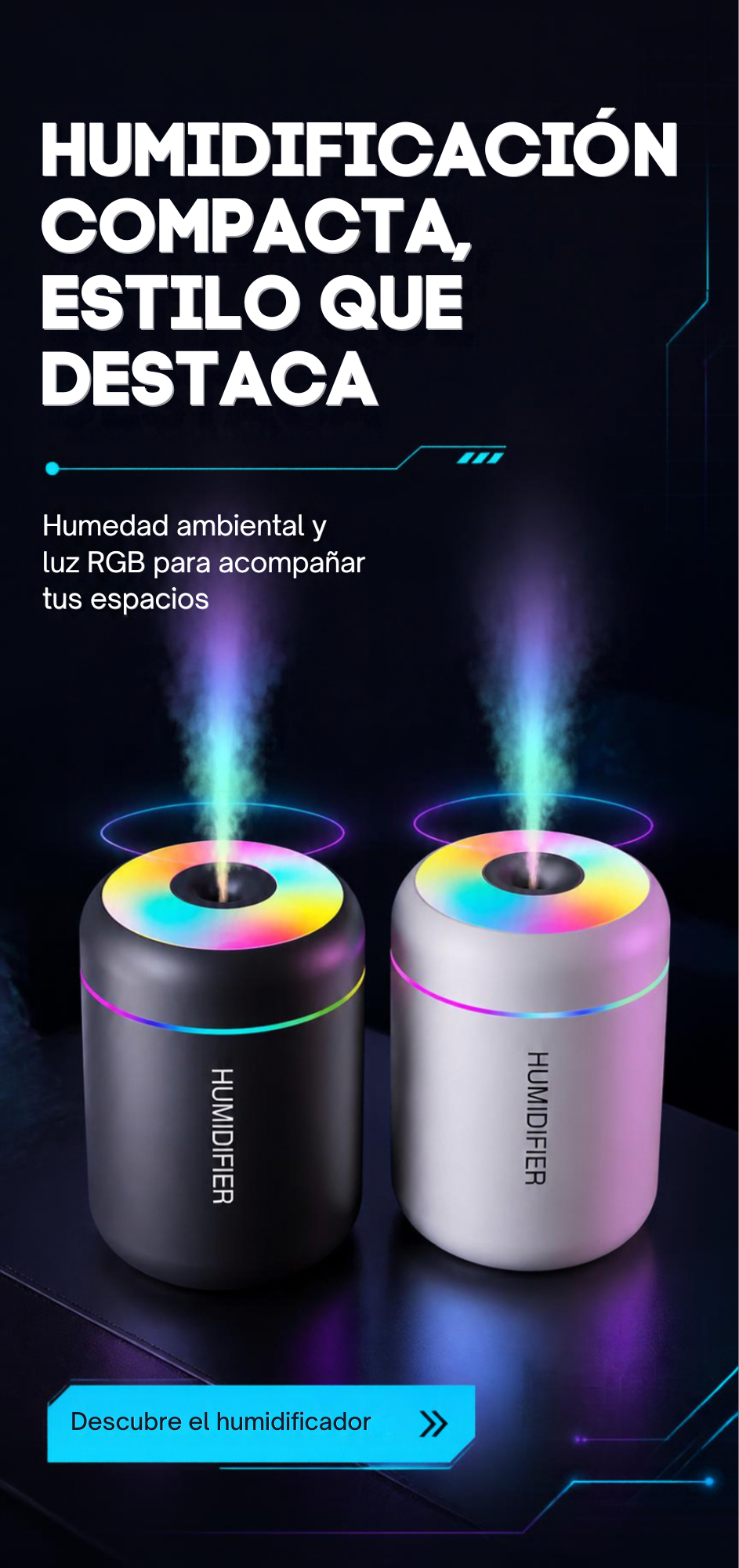 Mini Humidificador LED Portátil – Luz RGB | Casa, Oficina y Coche